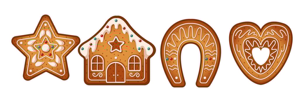 Tasty gingerbreads cookies for Christmas party flat color objects set. Pastry for holiday illustrations bundle on white background vector
