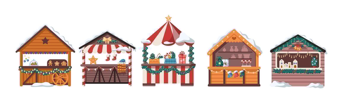 Fair stalls with Christmas ornaments flat color objects set. Vintage kiosks for winter market illustrations on white background vector