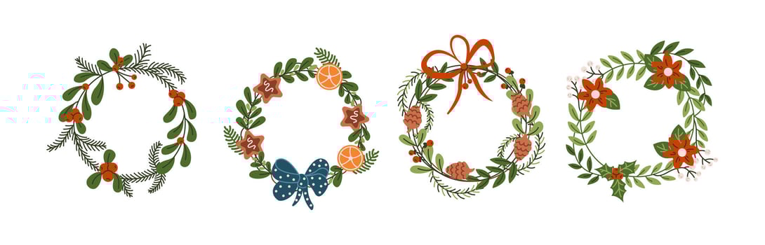 Craft Christmas wreathes flat color objects set. Traditional new year holiday celebration garlands illustrations bundle on white background vector