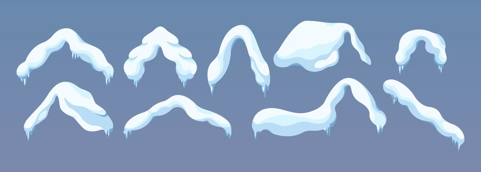 Winter charm with snow caps flat color objects set. Melting icicles evoking New year spirit illustrations bundle on blue background vector