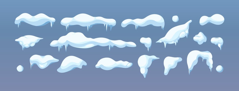 Snow caps snowballs and icicles flat color objects set. Christmas holiday decorations illustrations bundle on blue background vector