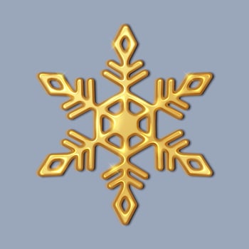 Snowflake of shiny golden metallic material realistic illustration. Celebrating Christmas holiday ornament 3d object image on grey vector
