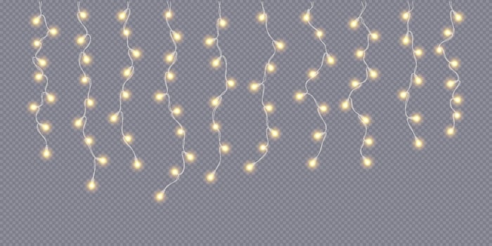 Golden Christmas lights curtain realistic icon. Warm fairy-light glowing for New Year party 3d object illustration on transparent background vector