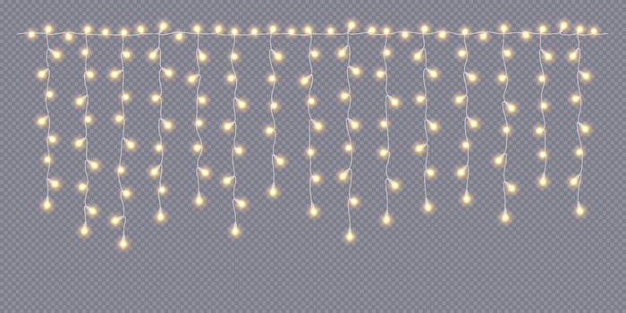 Fairy lights curtain with golden lamps realistic icon. Glowing garland decor for holiday 3d object illustration on transparent background vector