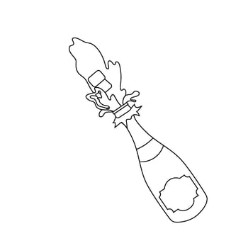 Line icon of a bottle of champagne. Fountain of alcoholic beverage. Doodle illustration on white background. vector