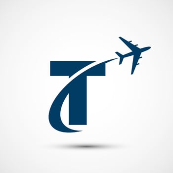 Alphabet T with aero plane. Travel icon. Aviation logo sign, Flying symbol. Flight icon vector