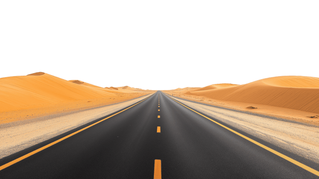 Straight road through desert landscape with dunes isolated on Transparent background png
