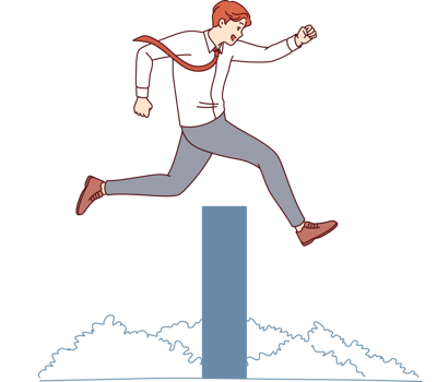 Ambitious business man overcomes obstacle on path to success by jumping over high wall. Successful businessman overcomes obstacles thanks to professional experience and motivation. png