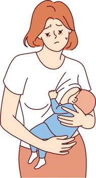 Postnatal depression in frustrated mother who is breastfeeding and forced to raise child alone. Problem of postpartum depression and lack of social programs for women who gave birth at early age png