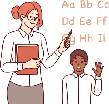 Woman english teacher teaches little boy to read by pointing to letters of alphabet. Girl teacher explains rules of pronunciation and transcription for schoolchild rejoicing in receiving knowledge. png