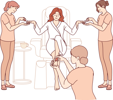 Woman visitor to SPA salon gets manicure and pedicure at same time to prepare for party or date. Luxury SPA treatments for relaxed girl who wants to be beautiful and attract attention of guys png