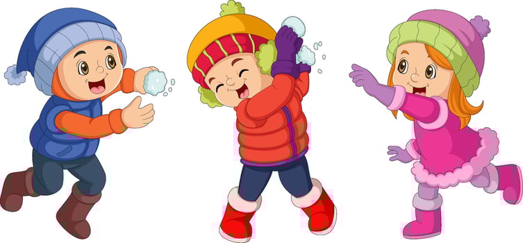 Happy children cartoon wearing winter clothes and playing snowball vector
