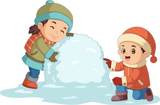 Cartoon little kids in winter clothes with snowball vector