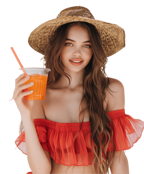 A woman in a straw hat and red bikini holding a drink png