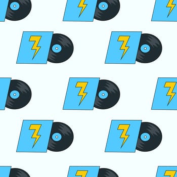 Seamless Pattern. Vinyl record with lightning design cover. LP or long play music disc. DJ equipment for disco party background. Discotheque nostalgia concept. flat illustration. vector