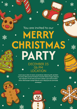 Merry Christmas party poster with gingerbread cookies shaped like christmas ornaments vector
