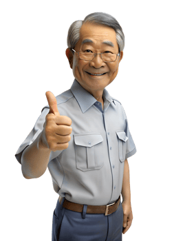 asia old man in office worker uniform with smile, he is Thumbs Up, isolated on transparent background png