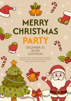 Merry Christmas party poster with Santa Claus, Christmas tree and Christmas elements. vector