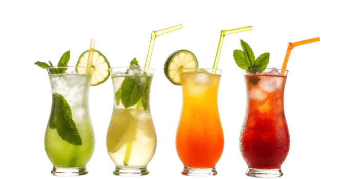 Four different types of drinks in glasses with straws png