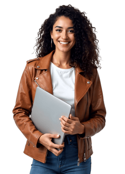 A woman in a brown leather jacket holding a laptop png