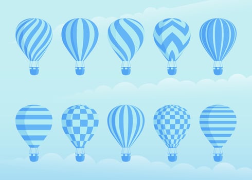 Collection of duotone hot air balloons. Zig zags, wavy lines, striped or checkered patterns on vintage style hot air balloon with basket at cloud background for sky holiday adventure design vector