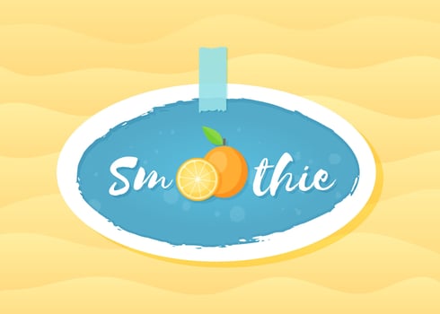Orange smoothie fruit cocktail sticker illustration. Tasty orange with hand drawn Smoothie sign at smoothies cocktail blue round sticker for decoration shop sticker or promotion discount vector
