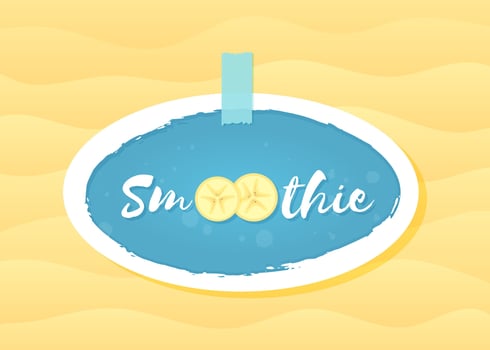 Banana fruit smoothie cocktail label illustration. Sign Smoothie on blue background in white hand drawn frame on colorful smoothies drink cocktail label for decoration emblem design. vector