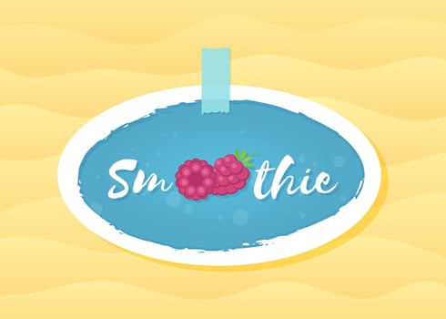Red raspberry smoothie drink sticker illustration. Tasty natural fruit with hand drawn Smoothie sign in white frame at smoothies cocktail blue round sticker for shop decoration design, vector
