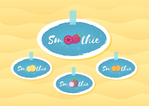 Fruit and berry smoothie drink sticker set illustration. Sign Smoothie on blue background in hand drawn frame on smoothies drink cocktail sticker for decoration shop label or sale offer banner vector