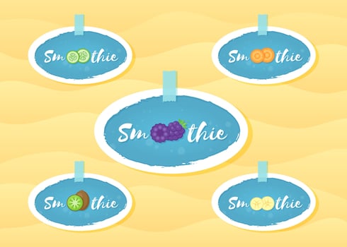 Fruit and berrie smoothie cocktail sticker set illustration. Sign Smoothie on blue background in white hand drawn frame on smoothies drink cocktail sale offer banner or promo graphic poster vector