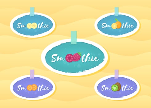 Fresh smoothie fruit cocktail label illustration. Vegetarian smoothies drink sticker logo set with hand drawn white frame and tag Smoothie for store promotion label or shop decoration design vector