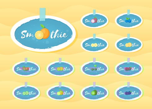 Blue sticker set smoothie fruit shake illustration. Hand drawn sign Smoothie on blue background in white frame on smoothies drink cocktail sticker for offer drawing sign or store promotion art vector