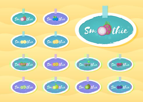 Smoothie fruit cocktail sticker set illustration. Fresh vegetarian smoothies drink label with hand drawn sign Smoothie with white frame for offer drawing sticker or store promotion art vector