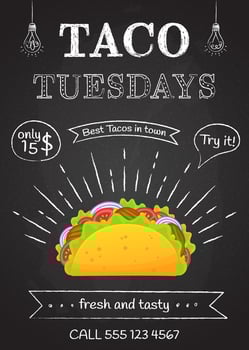 Traditional mexican fastfood taco tuesday poster. Tasty beef meat, salad, tomato in delicious tacos with vintage chalk decoration and sign Taco Tuesday. illustration for food truck design vector
