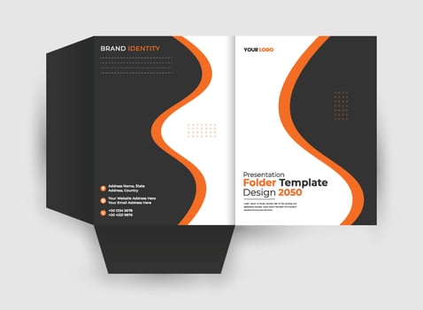 An orange and black foldable brochure with a wave design vector