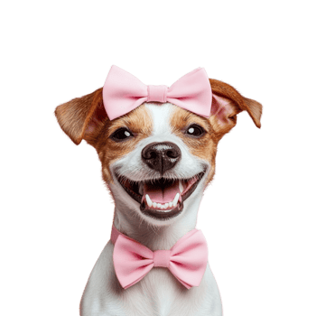 A dog wearing a pink bow tie and smiling png