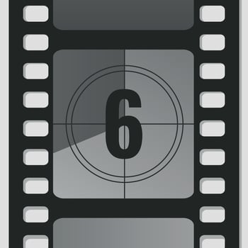 Countdown film strip frame with number six. Retro cinema movie timer counter vector