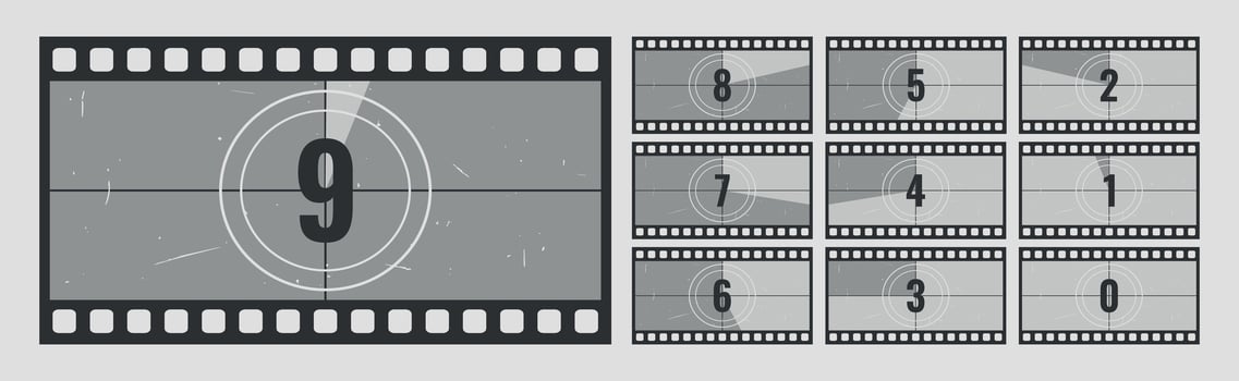 Old movie timer counter in filmstrip frame. Retro cinema countdown backgrounds with grunge texture vector