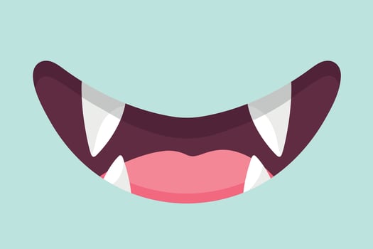 Cute cartoon monster mouth background. Monster mouth with fangs in childish style on blue background vector