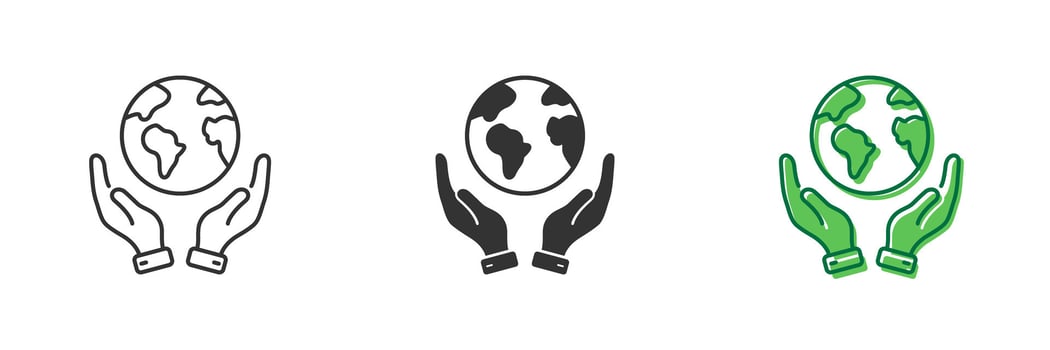 Earth Care Line and Silhouette Icon Set. Hands Holding the Planet. Save Global Nature. Human Environmental Protection Icon. Editable Stroke. Isolated Illustration vector