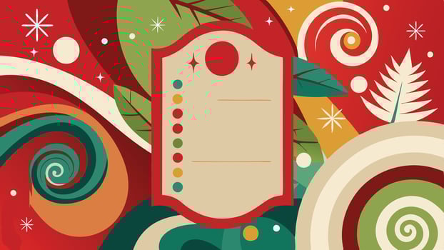 A festive menu design featuring colorful swirls, spirals, and whimsical elements on a vibrant red background, perfect for holiday celebrations or seasonal events vector