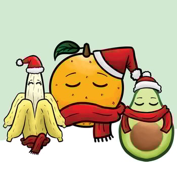 bananas, avocados, oranges in winter costumes vector