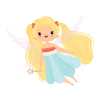 Lovely Little Winged Fairy with Blonde Long Hair, Beautiful Flying Girl Character in Fairy Costume with Magic Wand Illustration vector