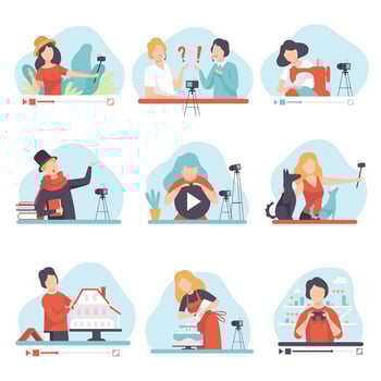 Blogging and Vlogging Set, People Demonstrating their Skills Through Internet, Bloggers Talking about Poetry, Cookery, Needlework, Construction, Travel Illustration vector