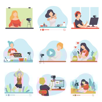 Blogging and Vlogging Set, People Bloggers Demonstrating their Skills Through Internet Illustration vector