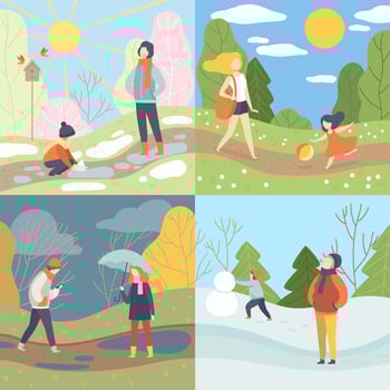 Four Seasons Set, Winter, Spring, Summer and Autumn, People Enjoying Different Weather in Nature Illustration vector
