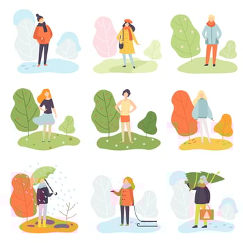 Different Seasons Set, Winter, Spring, Summer and Autumn, People in Seasonal Clothes in Nature Illustration vector