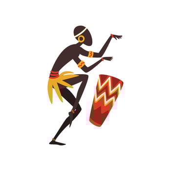 African Man Dancing and Playing Drum, Aboriginal Dancer in Bright Ornamented Ethnic Clothing Illustration vector