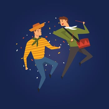 Festa Junina, Traditional Brazil June Festival, Two Men Dancing and Playing Drum at Folklore Party Illustration vector