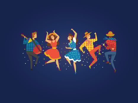 Festa Junina, Traditional Brazil June Festival, Happy People Dancing at Night Folklore Party Illustration vector